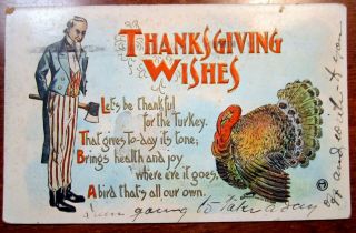 Thanksgiving Postcard Antique Patriotic Uncle Sam With Axe Chopping Turkey 2263