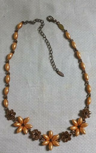 Vclm Gt Metal Orange Faux Pearl Bead Yellow Crystal Flower Link 18.  5 " Necklace