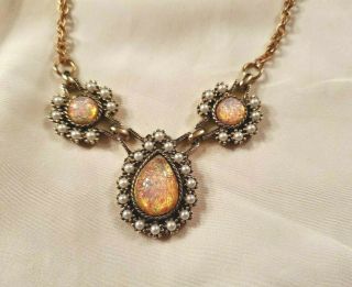 Empress Necklace Simulated Opal Pearls Antique Goldtone Sarah Coventry Vintage