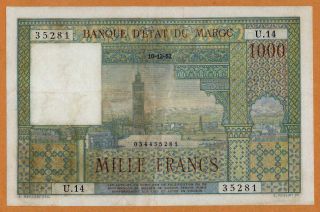 Morocco 1000 Francs 1952 Vf French Colonial Currency Pick 47 Rare Banknote