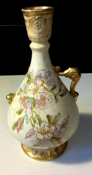 Antique Royal Bonn Germany Vase Hand Painted Flowers Gold 9 " - Read