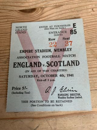 Rare War Charities Football Ticket England V Scotland Wembley 1941 Wartime