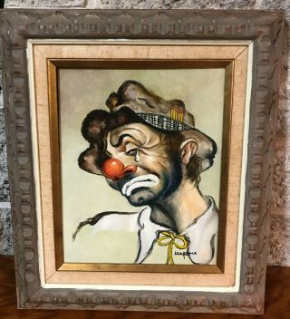 Vintage Sad Clown Painting 9.  5 H X 7.  75 W In Frame 15 X 13 Signed Lawrence