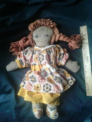 Vintage Primitive Folk Art Rag Cloth Braided Yarn Hair Girl Doll 16 "