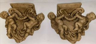 Vintage Pair Wall Shelf Sconce Naked Cherub Angel Heart Set French Provincial