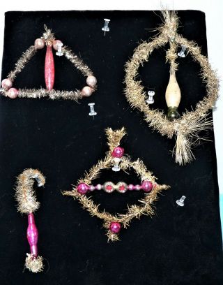 4 Antique Vtg Gold Wire Tinsel Xmas Ornaments Japan & Germany Beads Handmade