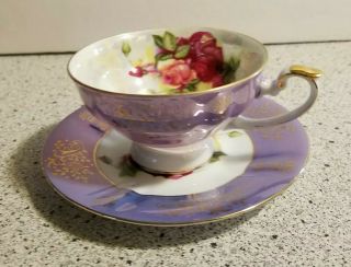 Vintage Royal Halsey Porcelain Teacup & Saucer Set Rose Pedestal Gold Rim