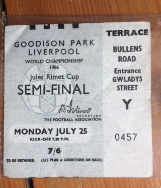1966 World Cup Semi - Final Ticket: - West Germany V Russia.  Rare