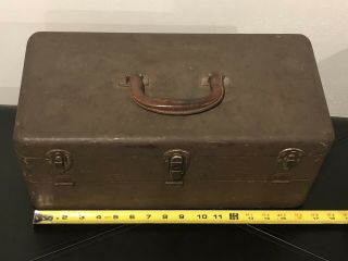 Antique/vintage Metal Fishing Tackle Box With Leather Handle,  17 X 8 X 8 Closed