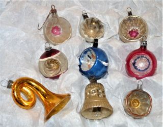9 Antique Vtg Feather Tree Xmas Ornaments Mica Star Bell W Clapper Germany Japan