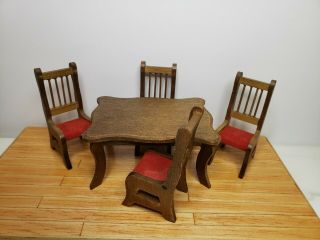 Vintage Dollhouse Dining Room Or Kitchen Set: Table & 4 Chairs,  Wood