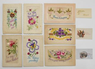 Antique 1918 - 1920 Wwi Silk Embroidered Postcards France – 7 Cards