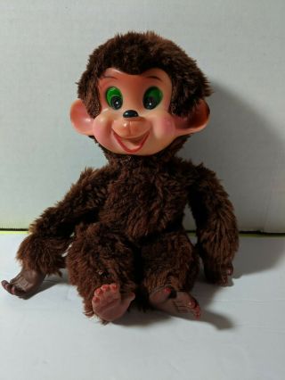 Vintage 80s Rubber Face Monkey Toy Stuffed Plush Brown Green Eyes Taiwan Enco