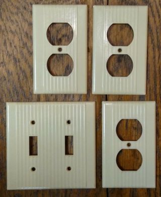 3 Vintage Leviton Ribbed Ivory Outlet Receptacle Covers,  Double Switch Plate