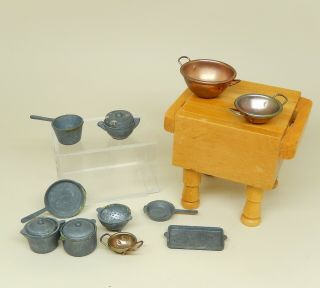Vintage Butcher Block Table With Pots & Pans Dollhouse Miniature 1:12