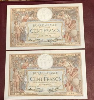 France French Running Pair 100 Franc Olivier Mersin About Unc Pick 86b 1938 Rare