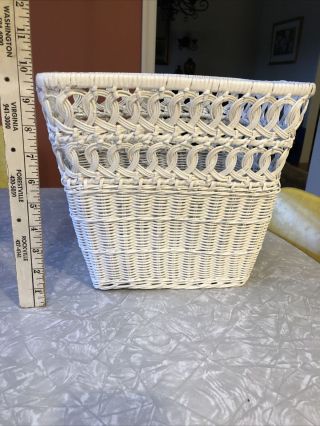 Vintage Wicker Cottage Beach Waste Paper Basket Shabby Chic White Trash Can