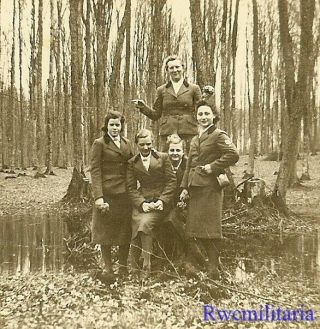 Rare Fun Pose By Group Of Female Uniformed German Rad Girls In Woods