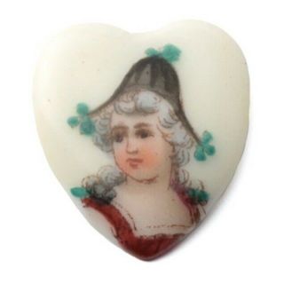 Antique Limoges Style Painted Porcelain Period Costume Picture Heart Cabochon
