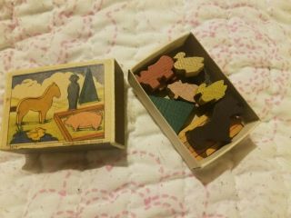 Vintage Farm Animals Miniature Matchbox Type Wood Set Complete