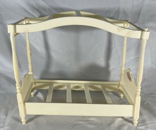 Vintage 1982 Barbie Four Poster Canopy Bed Frame With Doll And Clothes.