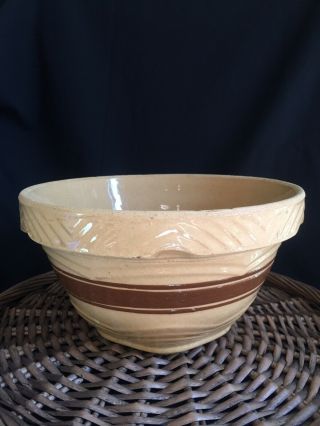 Antique Vintage Stoneware Yellow ware Brown Banded Bowl 2