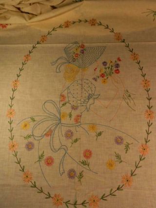 Vintage Cotton Summer Bedspread,  Bed Topper W/ Hand Emb Sunbonnet Girl 74 " X92 "