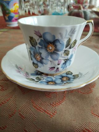 Vintage Windsor Bone China Tea Cup And Saucer: White With Blue Floral Pattern