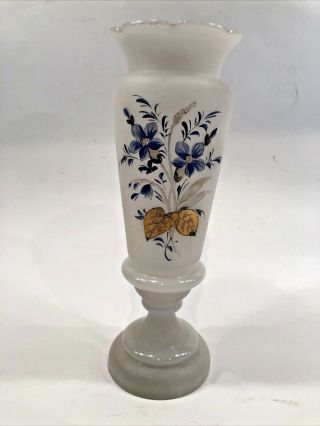 Antique Victorian Bristol Glass Vase Blue Gold Flowers Scalloped Hand Painted