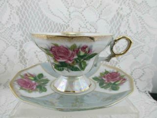 Vintage Iridescent Luster Pedestal Tea Cup And Saucer Roses Gold Accents