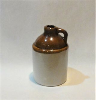 Vintage Miniature 3” Stoneware Pottery Whiskey Jug Two Tone Brown Cream Glaze