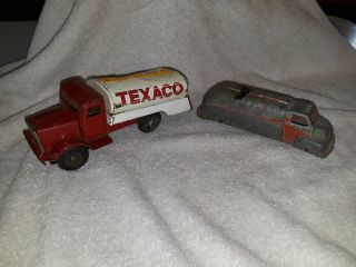 Vintage Antique Texaco Toy Truck Pair 2 Trucks Tootsietoy Usa & Old Tin Japan
