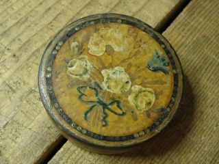 Antique 3 1/4 " Round Paper Mache Snuff Box W/ Hand Painted Flowers Roses