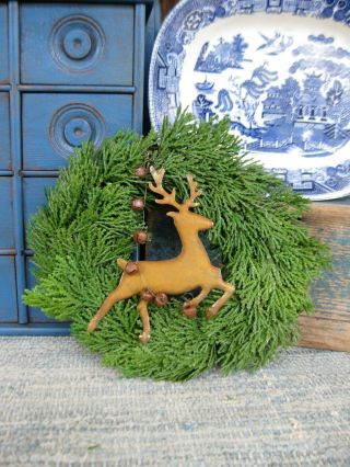 Primitive Christmas Wreath With Tin Reindeer