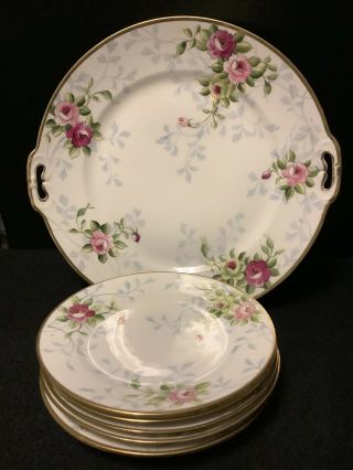 Antique Hand Painted Nippon Japan Cake Plate With (6) Dessert Plates Floral Gold