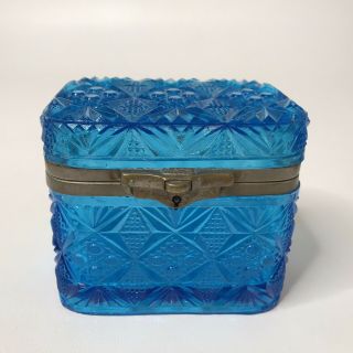 Vintage W Wissotsky & Co Blue Pressed Glass Lidded Trinket Jewelry Box Rare
