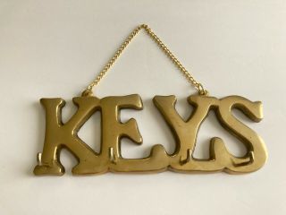 Vintage Brass Keys Sign Key Holder 4 Hooks Wall Mounted