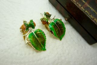 Vintage Jewellery Exquisite Enamel Hazel Leaf Earrings Clip On Lovely