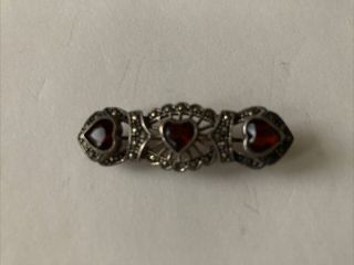 Antique Vintage Silver Brooch With 3 Hearts In Red Stone And Diamanté Details