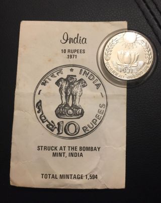 India 1971 10 Rupees Proof Silver Commemorative With Envelope - Rare -
