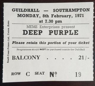 Rare Deep Purple 1971 Concert Gig Ticket Southampton Uk Tour Stub - In Rock