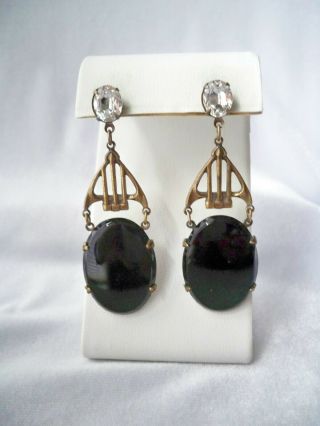 Antique Art Deco Black Onyx Stone Brass Dangle Pierced Earrings