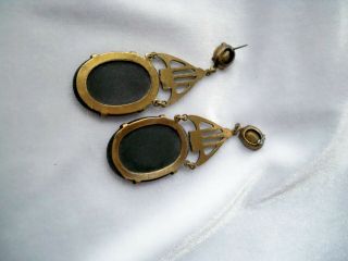 Antique Art Deco Black Onyx Stone Brass Dangle Pierced Earrings 2