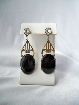 Antique Art Deco Black Onyx Stone Brass Dangle Pierced Earrings 3