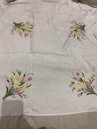 Vintage Hand Embroidered Linen Tablecloth,  Tulips & Daffodils,  32” Square