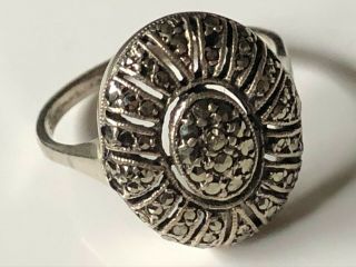 Antique Art Deco Sterling Silver And Marcasite Oval Cluster Ring Band Size N 1/2