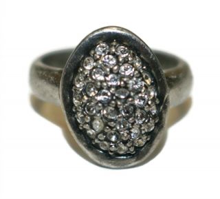Lia Sophia Signed Antiqued Silver Tone Crystal Rhinestone Oval Ring Size 6.  75