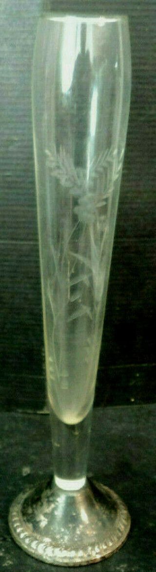 Vtg Floral Etched Glass Bud Vase W Duchin Creation Sterling Silver Weight Base