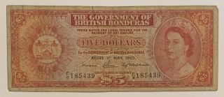 1965 $5 The Government Of British Honduras Banknote.  Rare Young Queen