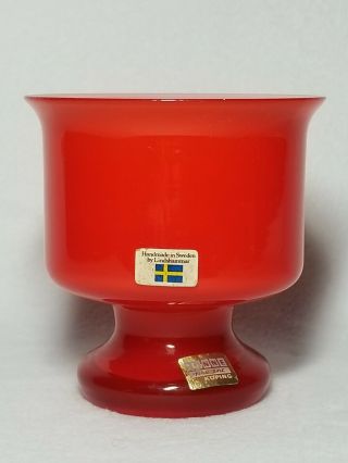 Rare Vintage 1960s Mcm Lindshammar Red Cased Art Glass Vase W/labels